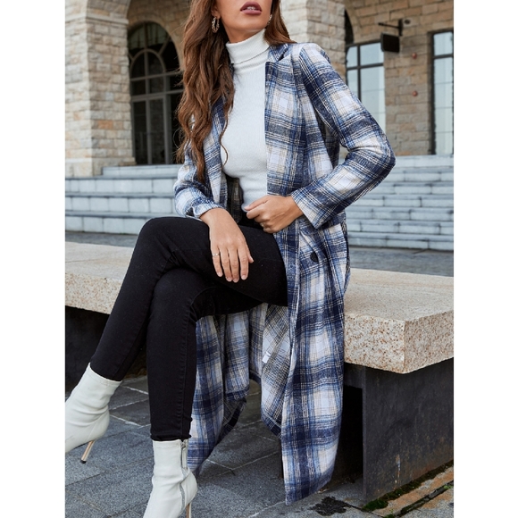 Long Blue Plaid Double Breasted Coat S, L, XL NWOT - Picture 2 of 7